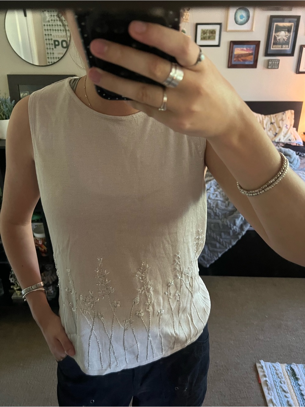 Cream/silver beaded tank